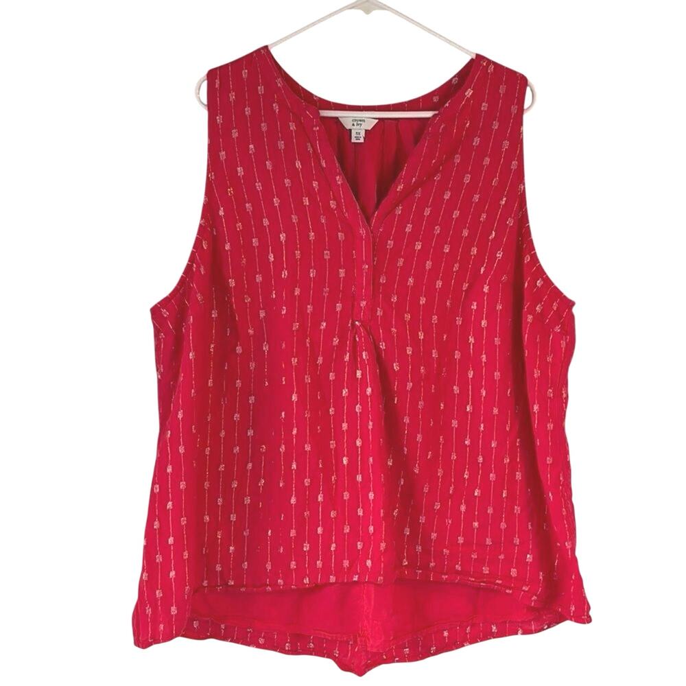 Crown & Ivy Sleeveless Top 3X Red Silver Stripe V Neck Flowy Blouse